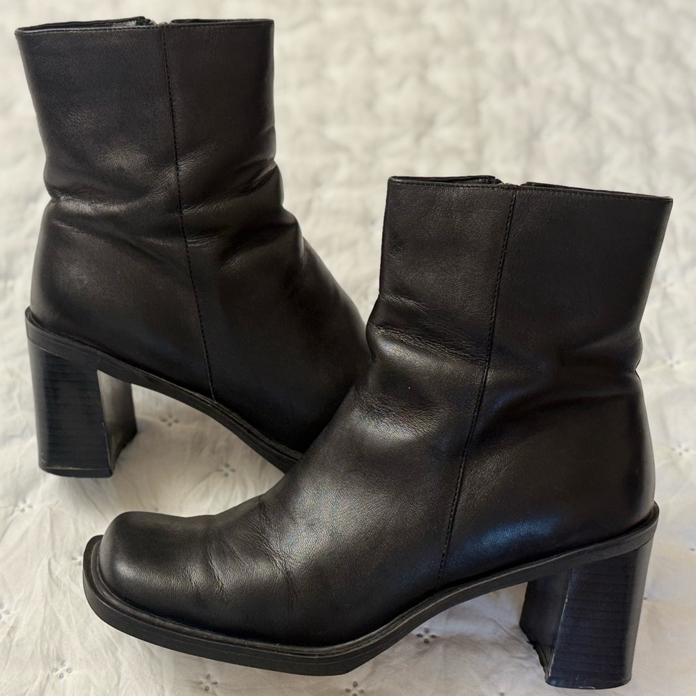 Vintage Merona Square Toe Chunky Block Heel Black Ankle Boots Leather Size 7